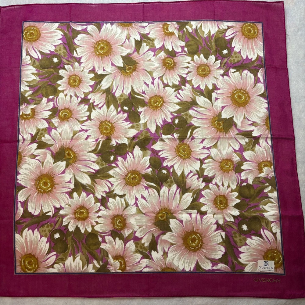 VTG GIVENCHY Scarf Handkerchief Floral Daisy Cotton Magenta Pink 18.5in